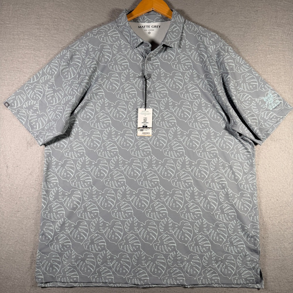 Matte Grey Philo Golf Polo Mens XXL Opal Seafoam Monstera Leaf Print New Tag